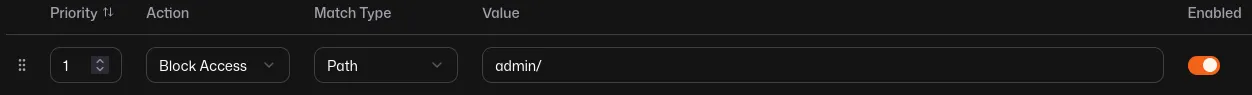 Screenshot of another access rule. Priority 1, Action “Block Access”, Value “admin/*”, enabled.